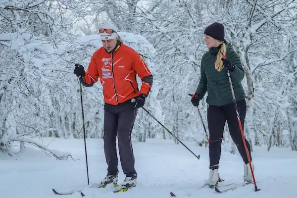Cross country ski instructor and student