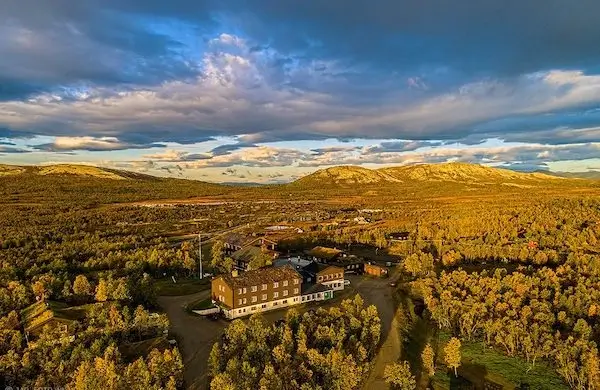 Aerial view of Venabu Fjellhotell in autumn 