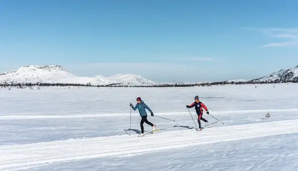 Two cross country skiers, skiing classic style