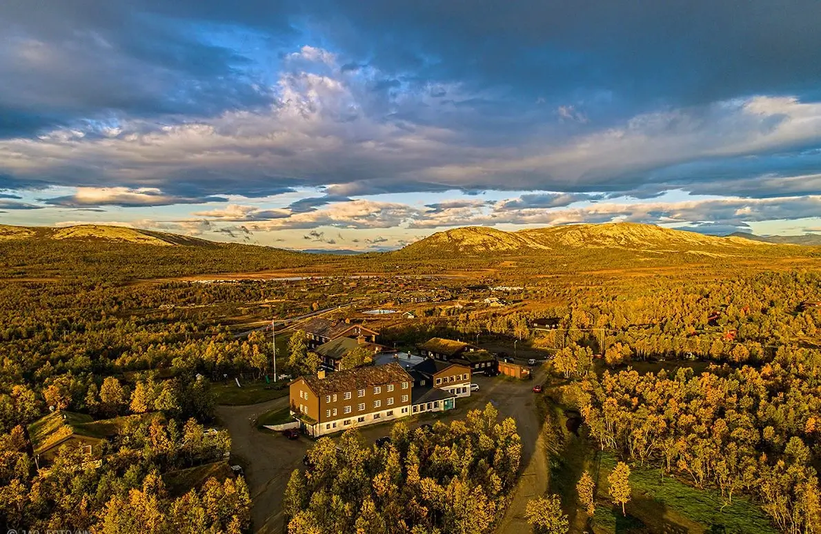 Venabu Fjellhotell from the air in autumn. JOmre