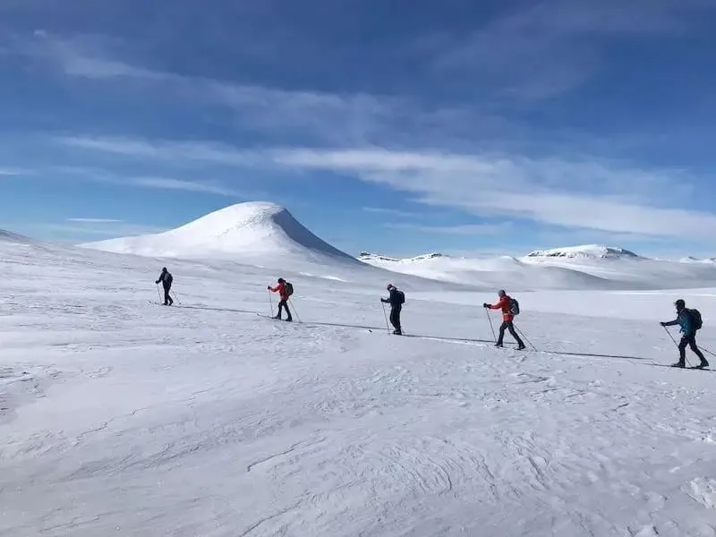 Off Track nordic ski tour Venabu-800 Group of nordic skiers offtrack in the mountains Venabu Fjellhotell